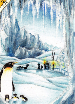 Kakaokarte -Pinguine in Eislandschaft (Motividee für Artist Trading Card)