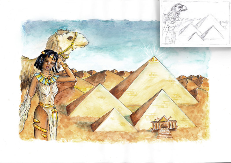 Motividee - Wüstenlandschaft / Kamel und Pyramide mit goldener Spitze (Skizze und Zeichnung)