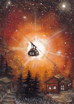 entführung: illuastration zur Minigeschichte (von Sockenzombie / Gondel mit Sternenhimmel - kakaokarte - artist trading card)