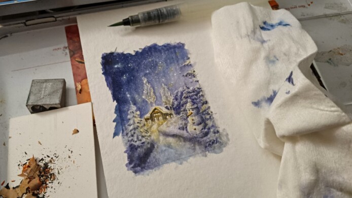 Kalte Grüße vom Schneemann: Ich male an meiner ersten Kunstkarte im neuen Jahr! schneemann kakaokarte von sockenzombie