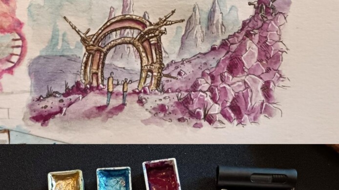 Sci-Fi Landschaft für eine Trading Card Aktion atc - landschaft - science fiction - gezeichnet von sockenzombie