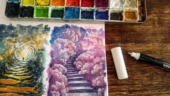 Diese Treppe ging kurz vor dem Artfight irgendwie unter, daher hier noch ein Bild nachträglich, entstand schon vor über einem Monat ^_^ artist trading card - atc - kakaokarte von sockenzombie - treppe in wolken - strairway to heaven