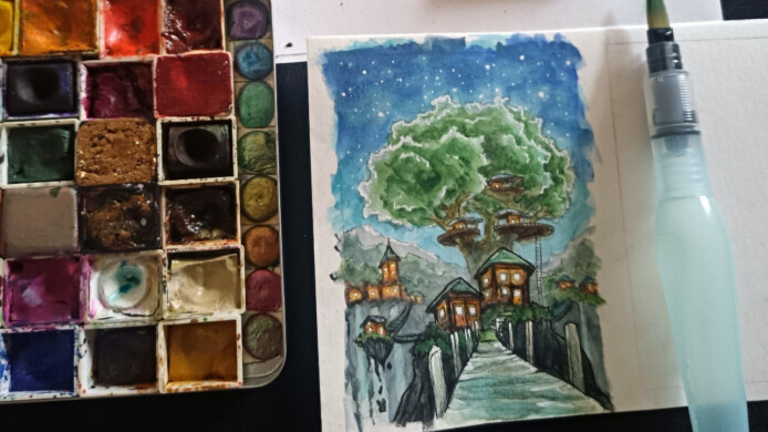 Ein kleines Baumhaus, gemalt für Jondy. kakao-karte baumhauis malen wasserfarbe