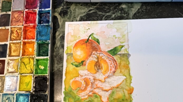 Die Refferenz für dieses Motiv wurde während des Malens aufgefuttert. kakaokarte manderine - gouache auf steinpapier