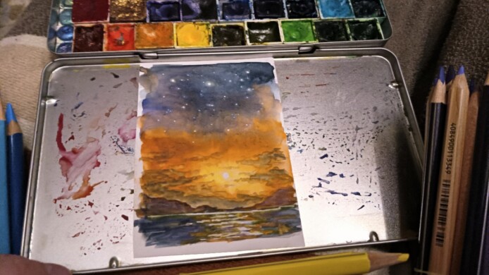 2026-01-05 kakaokarte / miniaturlandschaft auf steinpapier mit gouache / aquarell
