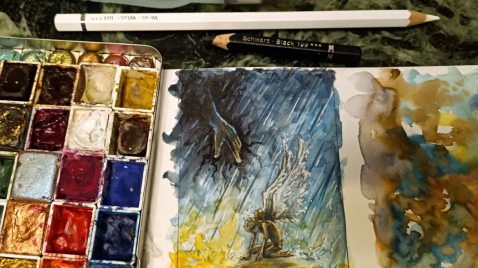 Es regnet auf Steinpapier kakaokarte gemalt auf steinpapier