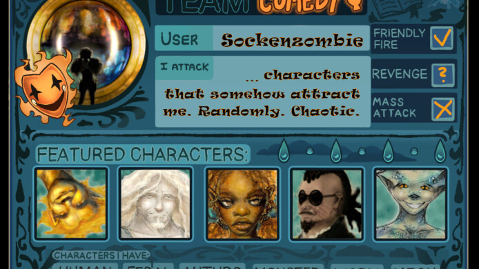 Der diesjährige Artfight hat bekommen! Ich habe mich für Team Comedy entschieden. Und um meinem Ruf gerecht zu werden, hab ich erst mal die Farbe von Team Tragedy gekaut :P artfight sockenzombie / glitchgibbli